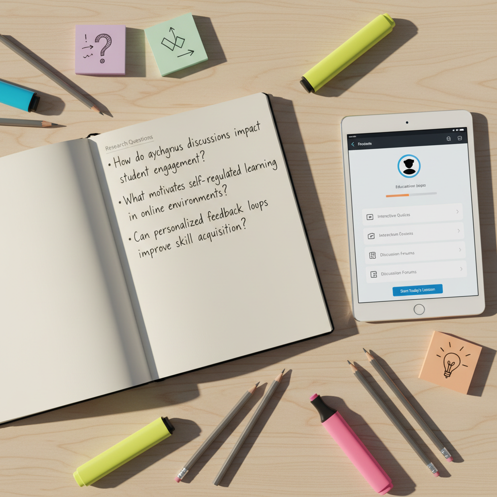 A close-up, photographic view of an open notebook filled with carefully written research questions about online learning, placed beside a sleek tablet showing a prototype of an educational app interface. Finely sharpened pencils, colorful highlighters, and adhesive notes with tiny abstract symbols are scattered around, suggesting iterative design and reflection. The notebook rests on a light birch desk with a subtle natural texture. Late afternoon natural light from an unseen window creates soft side lighting, enhancing shadows in the paper’s fibers and gentle reflections on the tablet’s glass. Captured from a top-down, bird’s-eye perspective with a clean, modern aesthetic, the composition is centered and uncluttered, conveying a calm, thoughtful, work-in-progress mood in education technology design and research.