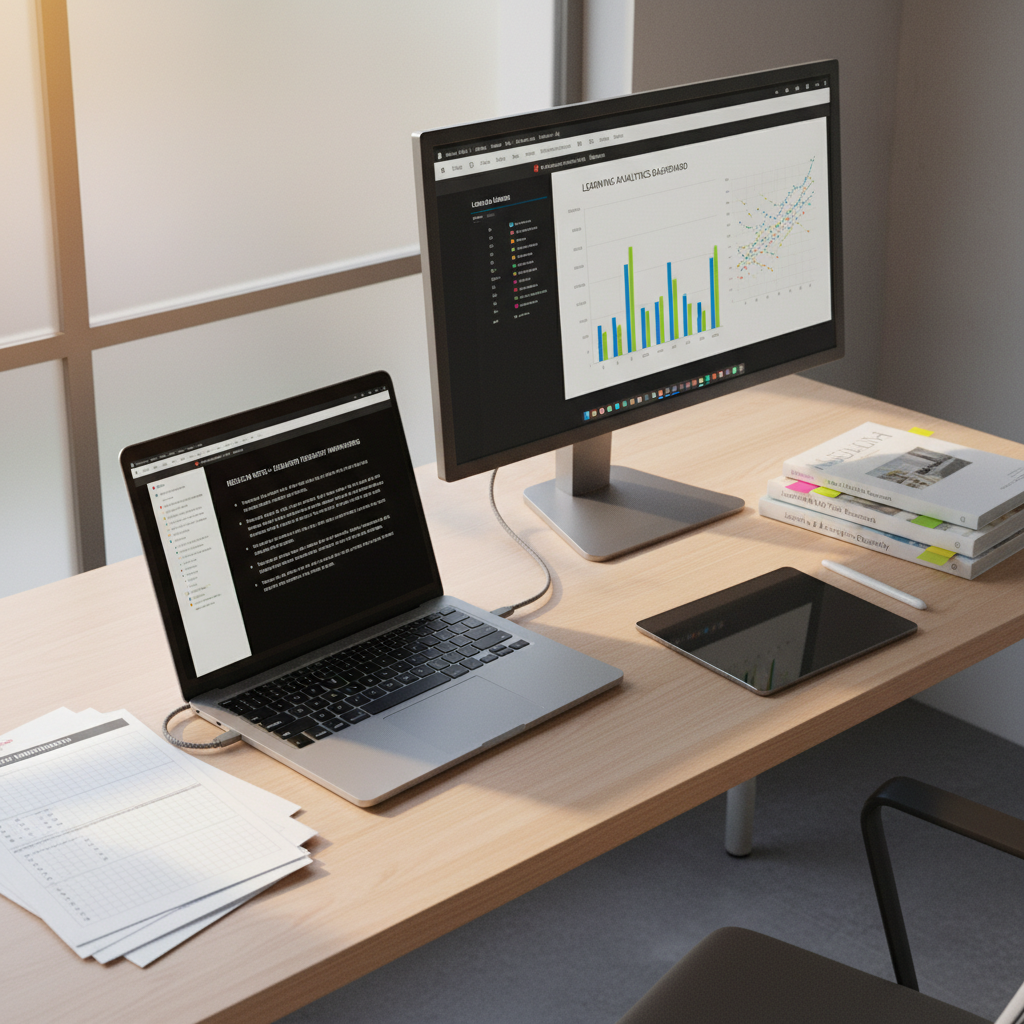 A minimalist, modern study table in a small academic office, featuring an open laptop connected to a secondary monitor that shows a colorful learning analytics visualization beside a text document of research notes. Around the screens are printed survey instruments, a neat stack of academic journals with sticky tabs, and a digital stylus resting on a slim tablet. Warm, diffused afternoon light enters through frosted glass, creating soft highlights on the matte surfaces and subtle reflections on the screens. Photographic realism from a slightly elevated angle with balanced composition, sharp focus throughout to capture each research artifact. The atmosphere feels focused, methodical, and scholarly, emphasizing ongoing education technology research without any corporate branding or people.
